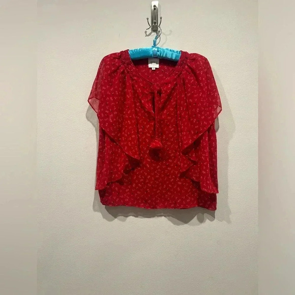MISA LOS ANGELES Red Floral Flutter Sleeve Tie Neck Blouse / Size Medium / - Picture 2 of 9